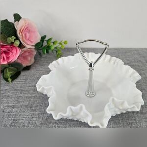 Vintage 8"‎ Fenton Hobnail White Milk Glass Ruffled Candy Dish With Handle